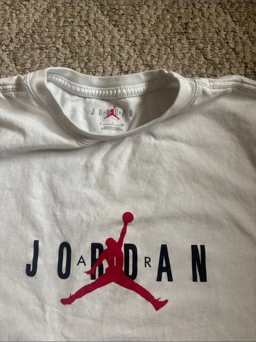 Jordan White Short Sleeve Tee with Red Jumpman and Black Lettering
